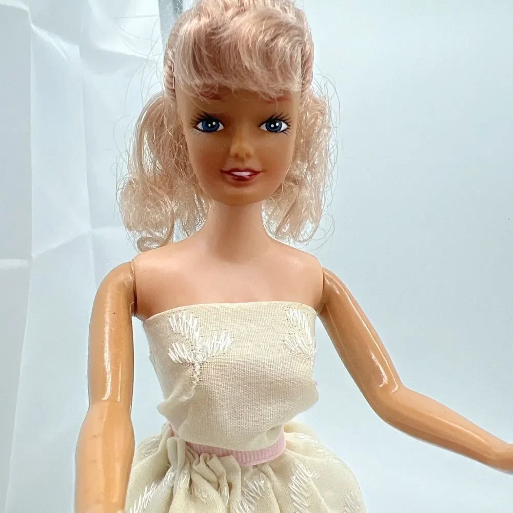 Doll Wearing Vintage White Long Ribbon Tie Up Lace Dress